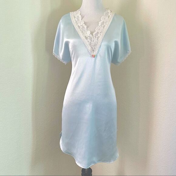 Honors Intimate Other - Vintage Honors Intimate Nightgown Satin Aqua Blue Sheer Lace Medium/Large
